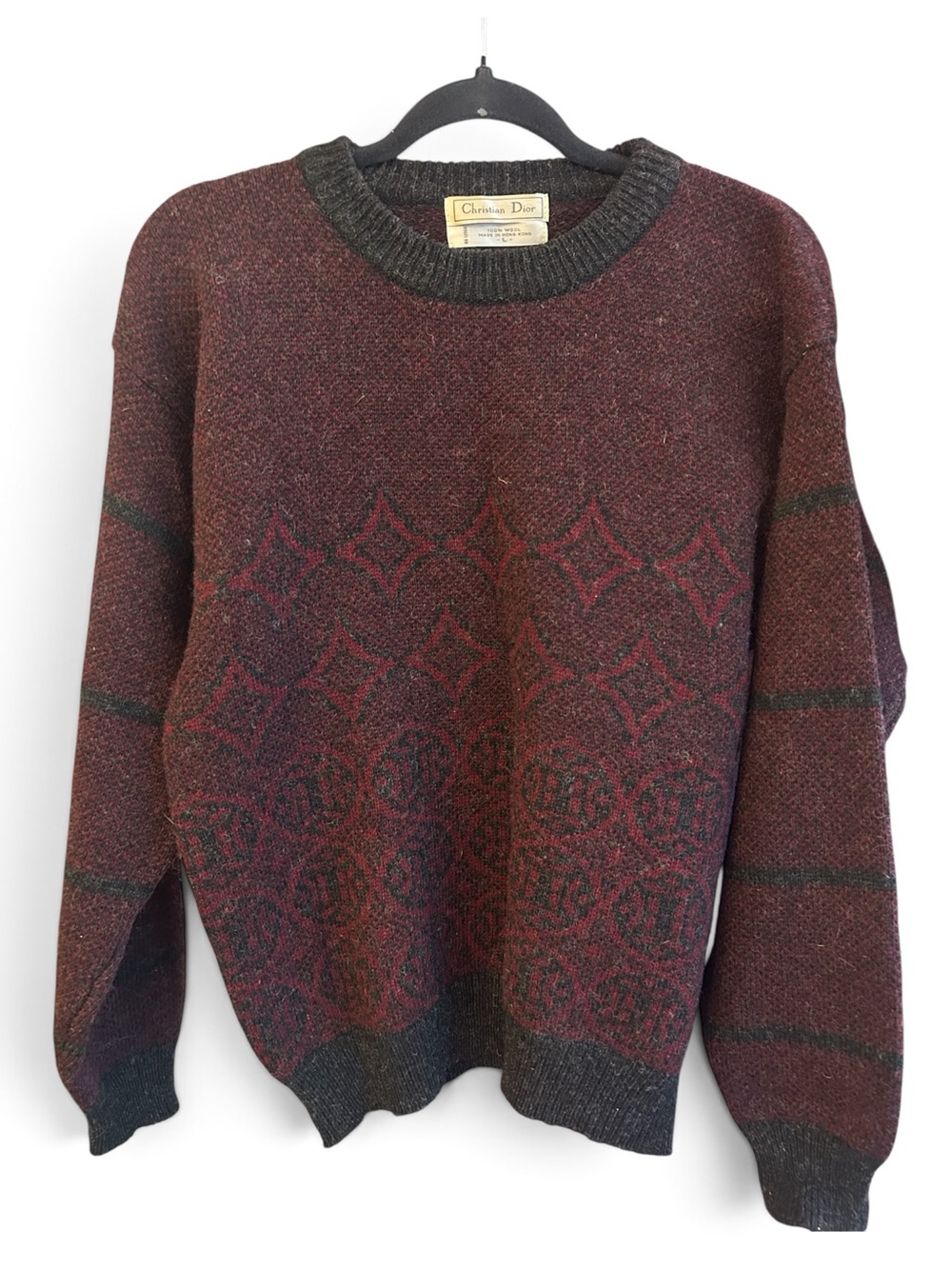 Christian Dior  Vintage Men's Geometric Burgundy Patterned Knit Sweater L 80s